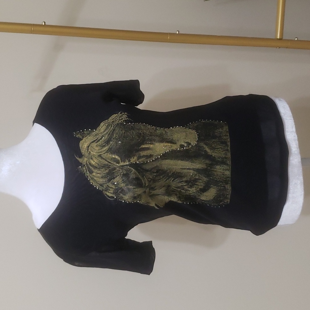 Fox Fire 🔥 Horse T Shirt Mesh Beaded Black Blouse Size Large